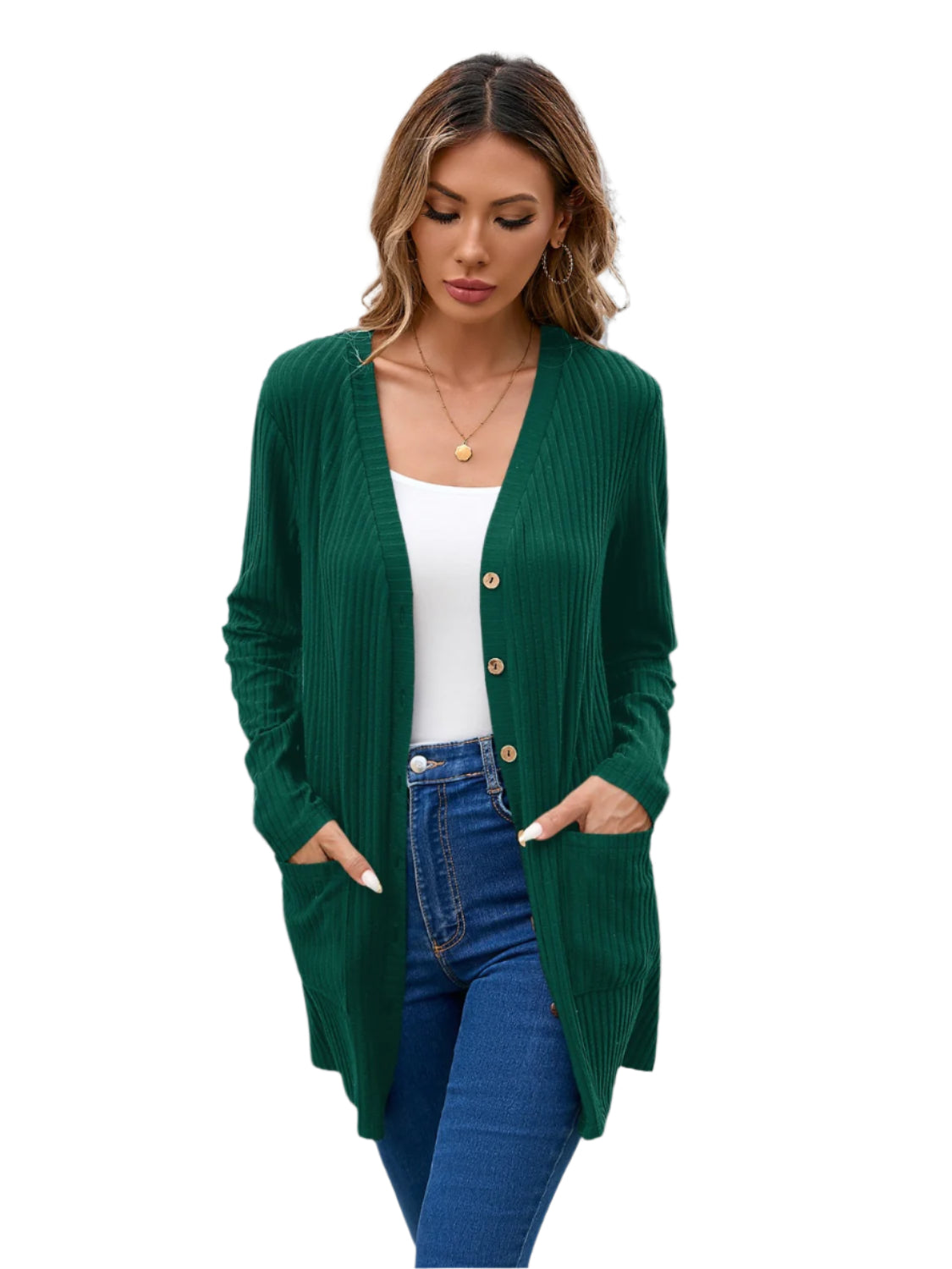 Ribbed Button Down V-Neck Long Sleeve Cardigan - Chic Yana’s Fashion