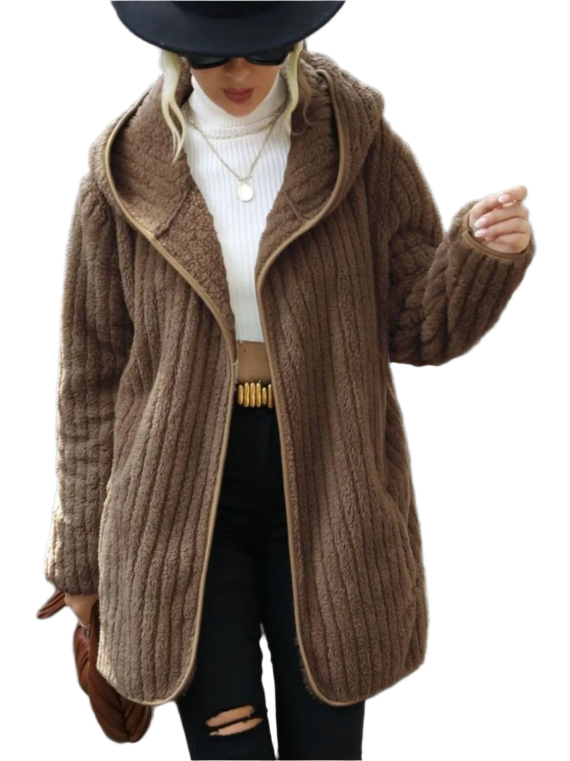 Open Front Ribbed Hooded Coat - Chic Yana’s Fashion