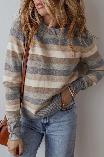 Striped Round Neck Long Sleeve Sweater - Chic Yana's Fashion