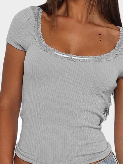 Lace Detail Scoop Neck Short Sleeve T Shirt - Chic Yana's Fashion