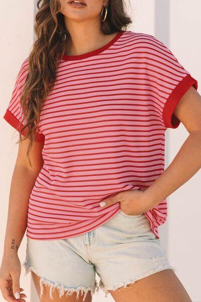 Contrast Striped Round Neck Short Sleeve T Shirt - Chic Yana's Fashion