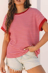 Contrast Striped Round Neck Short Sleeve T Shirt - Chic Yana's Fashion