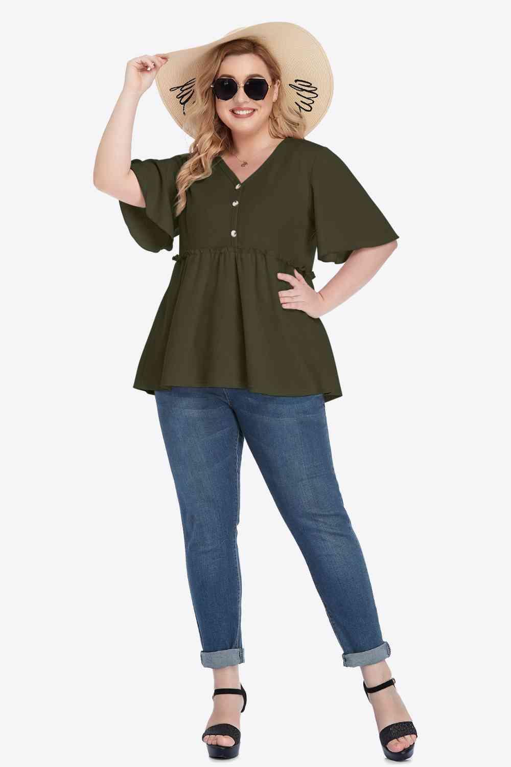 Plus Size Buttoned V Neck Frill Trim Babydoll Blouse - Chic Yana's Fashion