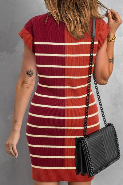 Striped Quarter Zip Cap Sleeve Sweater Dress - Chic Yana's Fashion