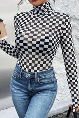 Checkered Turtleneck Long Sleeve Bodysuit - Chic Yana's Fashion