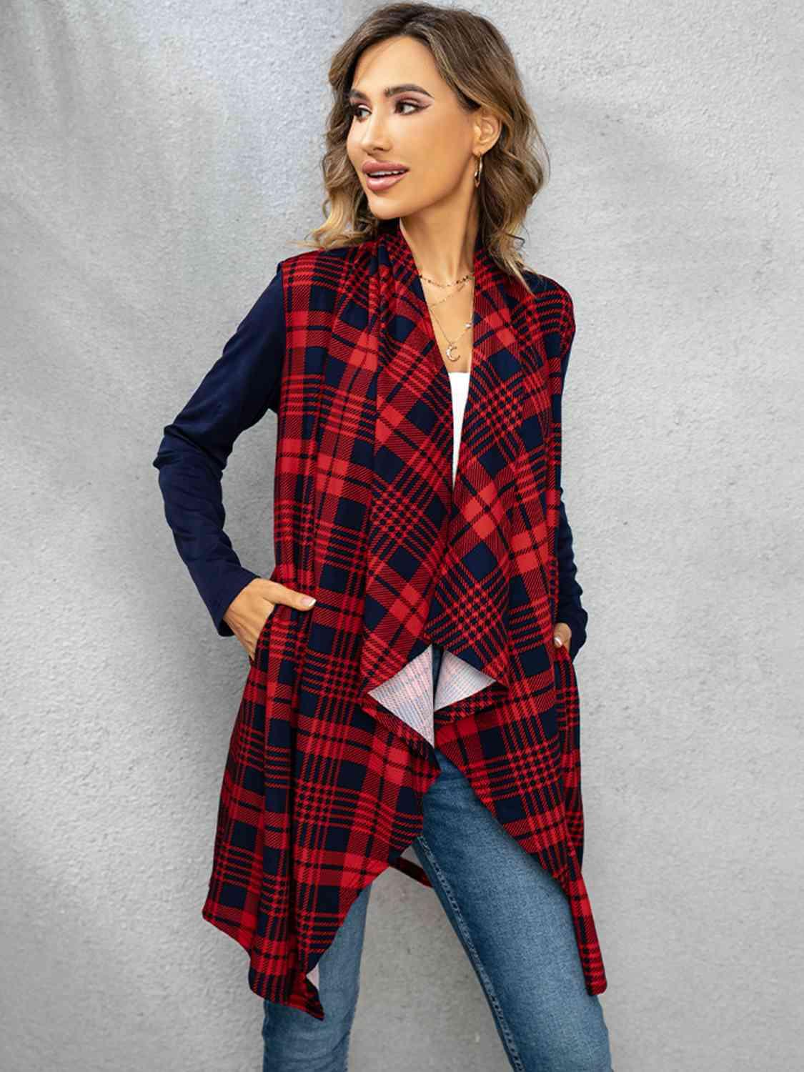 Shiny Plaid Open Front Cardigan - Chic Yana's Fashion