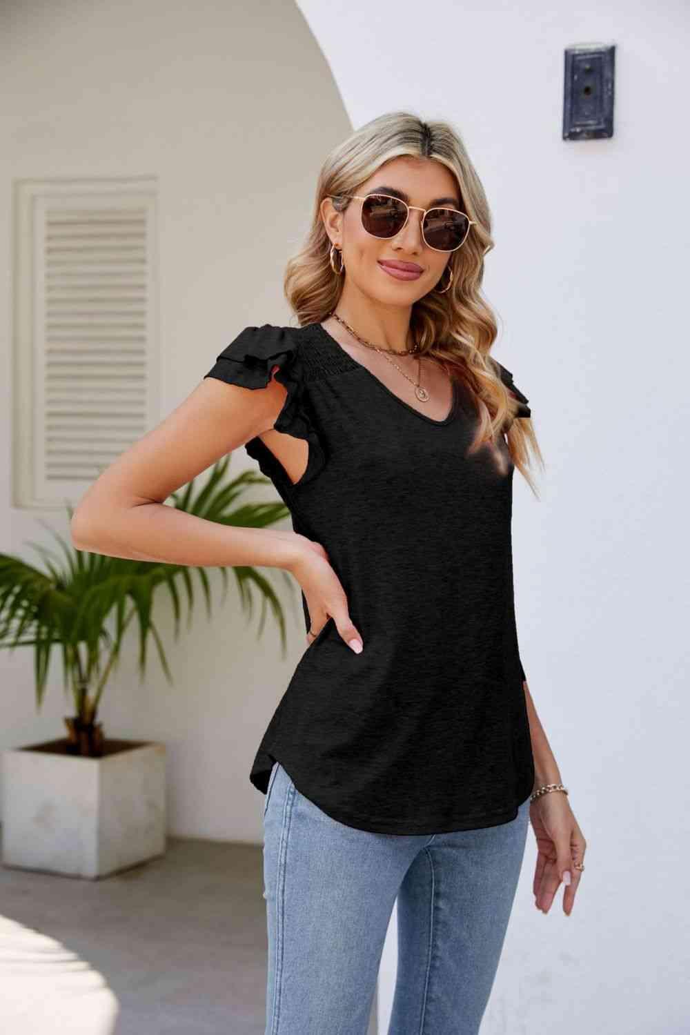 Smocked Flutter Sleeve V Neck Top - Chic Yana's Fashion