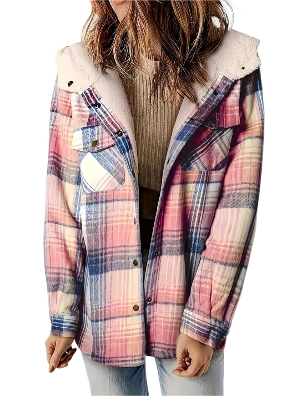 Plaid Snap Down Long Sleeve Hooded Outerwear - Chic Yana’s Fashion
