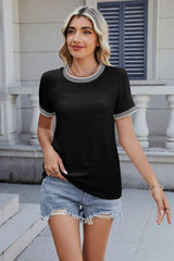 Contrast Trim Round Neck Short Sleeve T Shirt - Chic Yana's Fashion