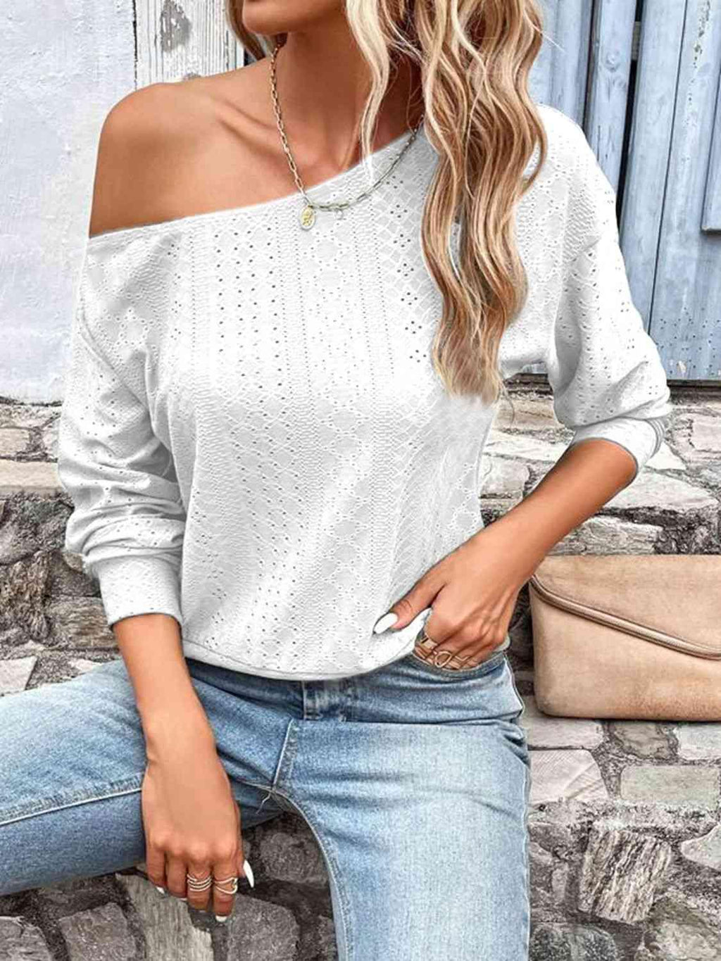 Eyelet Dropped Shoulder Blouse - Chic Yana's Fashion