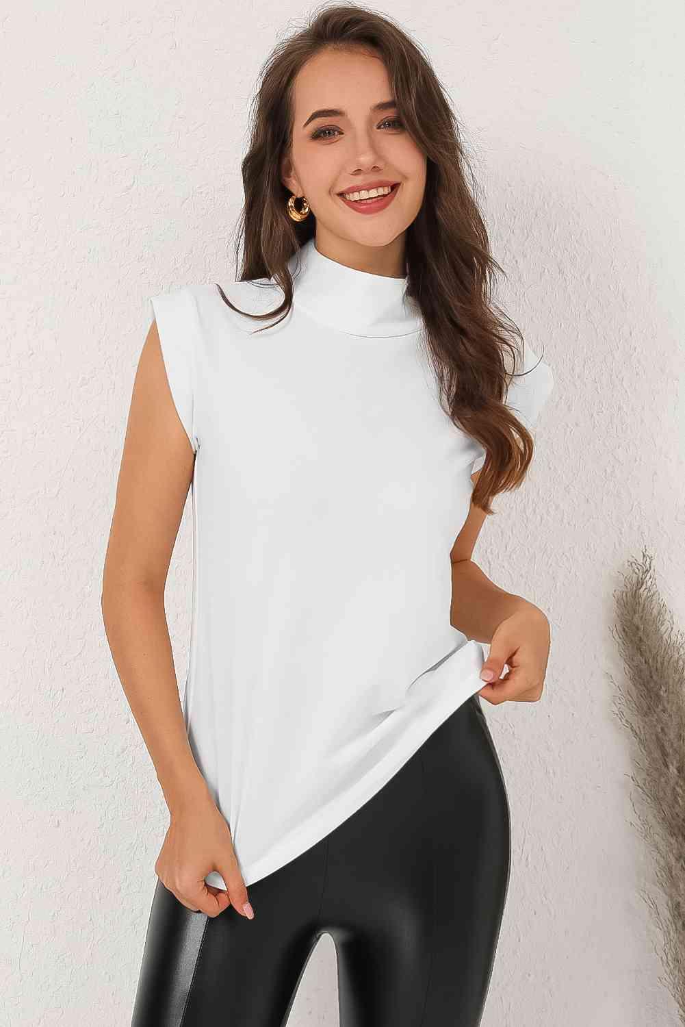 Mock Neck Cap Sleeve Blouse - Chic Yana's Fashion