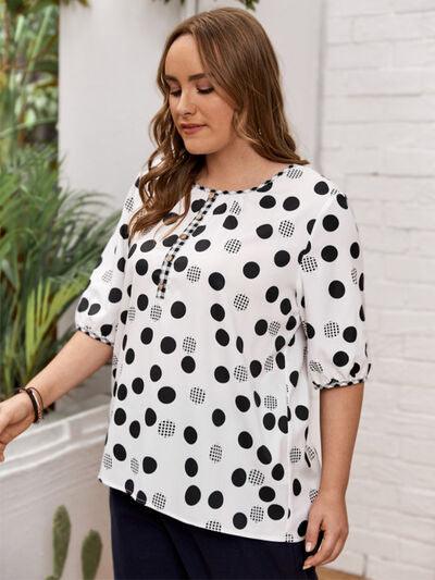 Plus Size Polka Dot Round Neck Half Sleeve Blouse - Chic Yana's Fashion