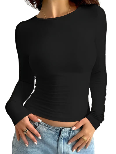 Solid Color Round Neck Long Sleeve T Shirt - Chic Yana's Fashion