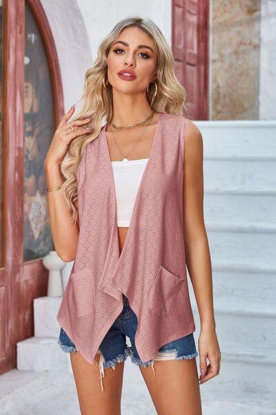 Eyelet Open Front Sleeveless Cardigan - Chic Yana's Fashion