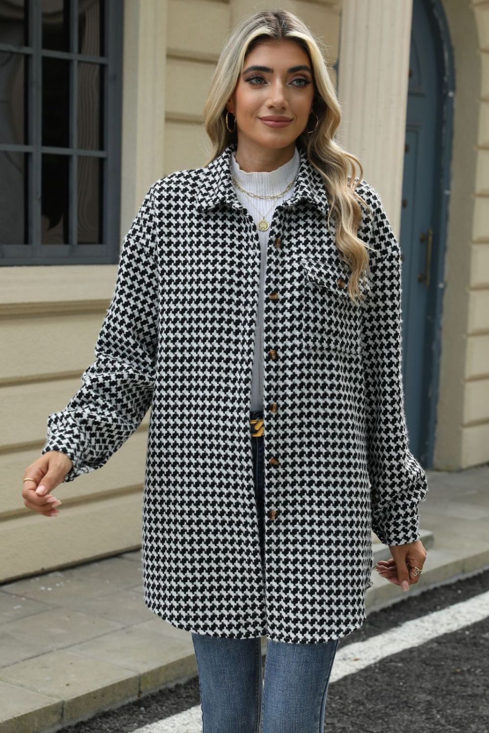 Houndstooth Button Up Dropped Shoulder Coat - Chic Yana’s Fashion