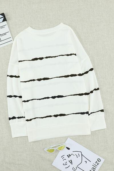 Slit Contrast Striped Round Neck Long Sleeve T Shirt - Chic Yana's Fashion