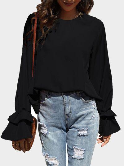 Round Neck Double Layered Flounce Sleeve Top - Chic Yana's Fashion