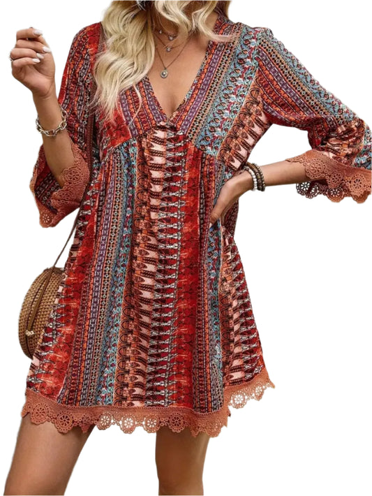 Lace Trim Printed V-Neck 3/4 Sleeve Dress - Women's Fashion Romper - Chic Yana's Fashion