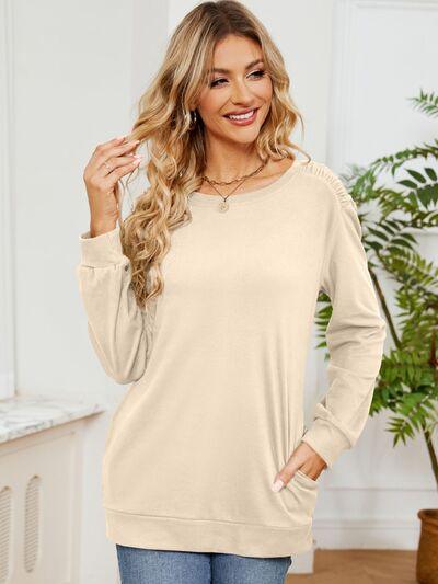 Ruched Shoulder Round Neck Long Sleeve Sweatshirt - Chic Yana's Fashion