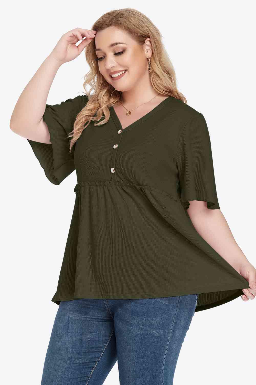 Plus Size Buttoned V Neck Frill Trim Babydoll Blouse - Chic Yana's Fashion