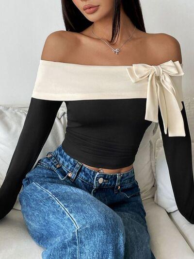 Perfee Bow Contrast Off Shoulder Long Sleeve Top - Chic Yana's Fashion