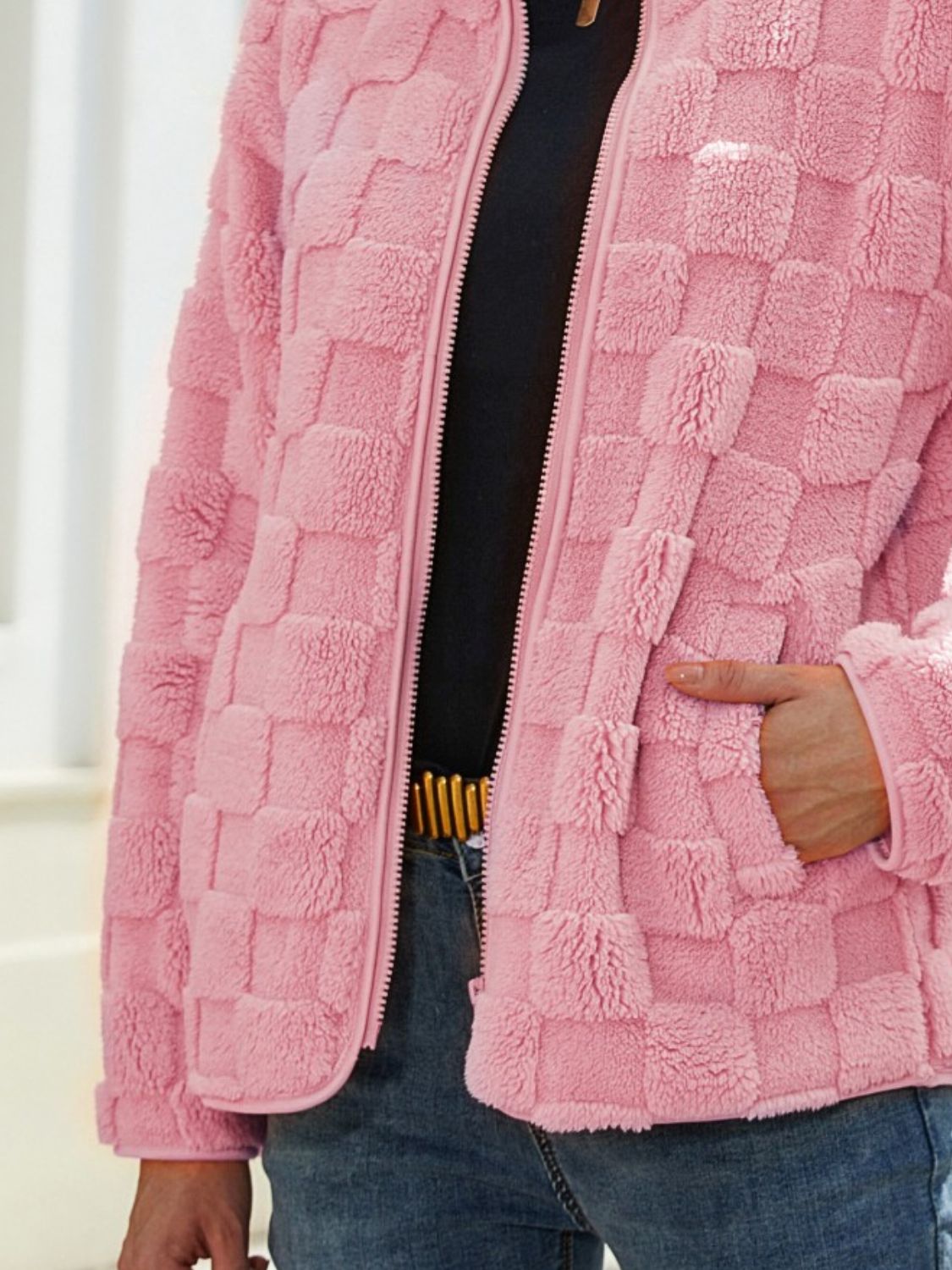 Fuzzy Checkered Zip Up Jacket - Chic Yana’s Fashion