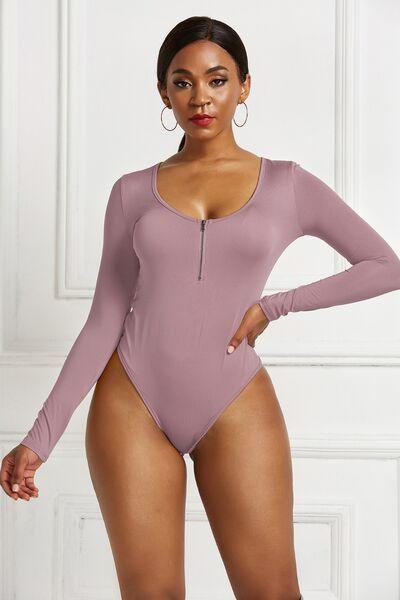 Half Zip Scoop Neck Long Sleeve Bodysuit - Chic Yana's Fashion