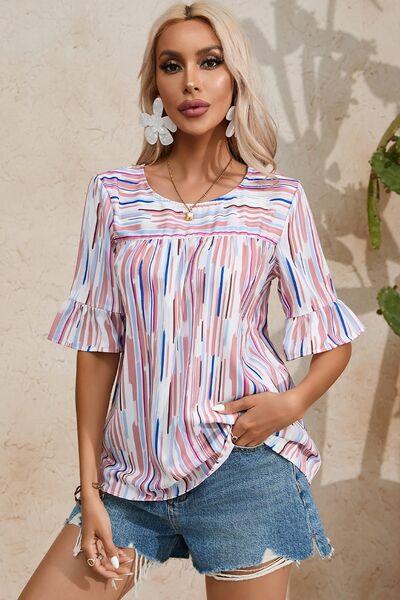 Printed Round Neck Flounce Sleeve Blouse - Chic Yana's Fashion