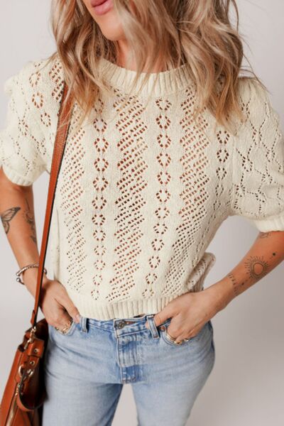 Hollowed Round Neck Half Sleeve Sweater - Chic Yana's Fashion