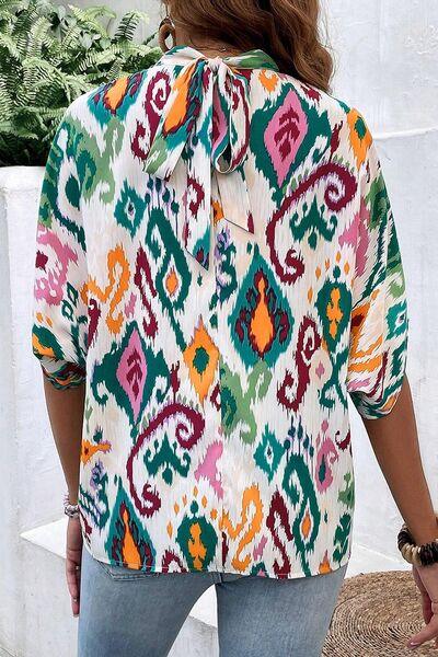 Printed Mock Neck Half Sleeve Blouse - Chic Yana's Fashion