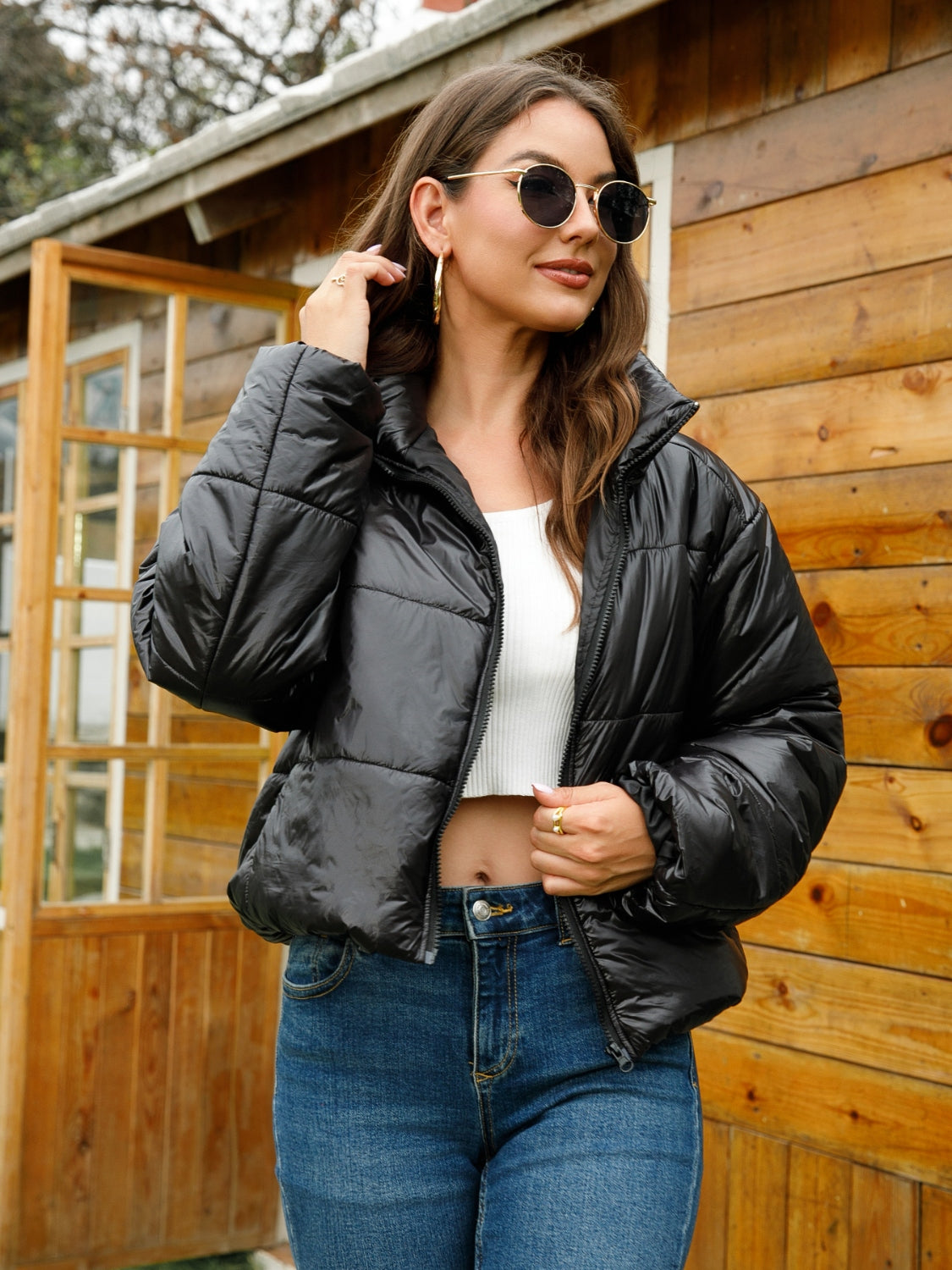 Zip-Up High Neck Puffer Jacket - Chic Yana’s Fashion