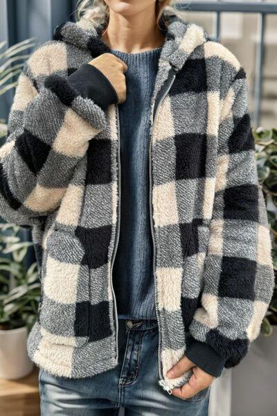 Double Take Full Size Plaid Long Sleeve Hooded Coat - Chic Yana's Fashion