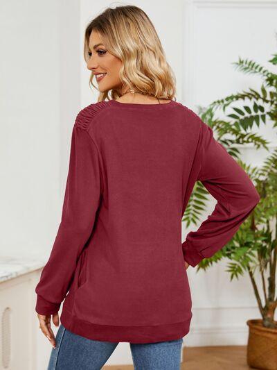 Ruched Shoulder Round Neck Long Sleeve Sweatshirt - Chic Yana's Fashion