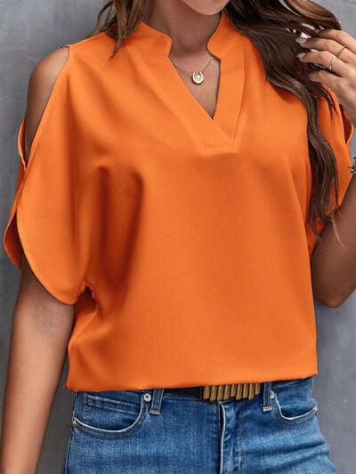 Notched Cold Shoulder Half Sleeve Blouse - Chic Yana's Fashion