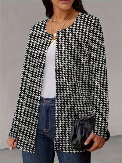 Houndstooth Open Front Long Sleeve Jacket - Chic Yana's Fashion