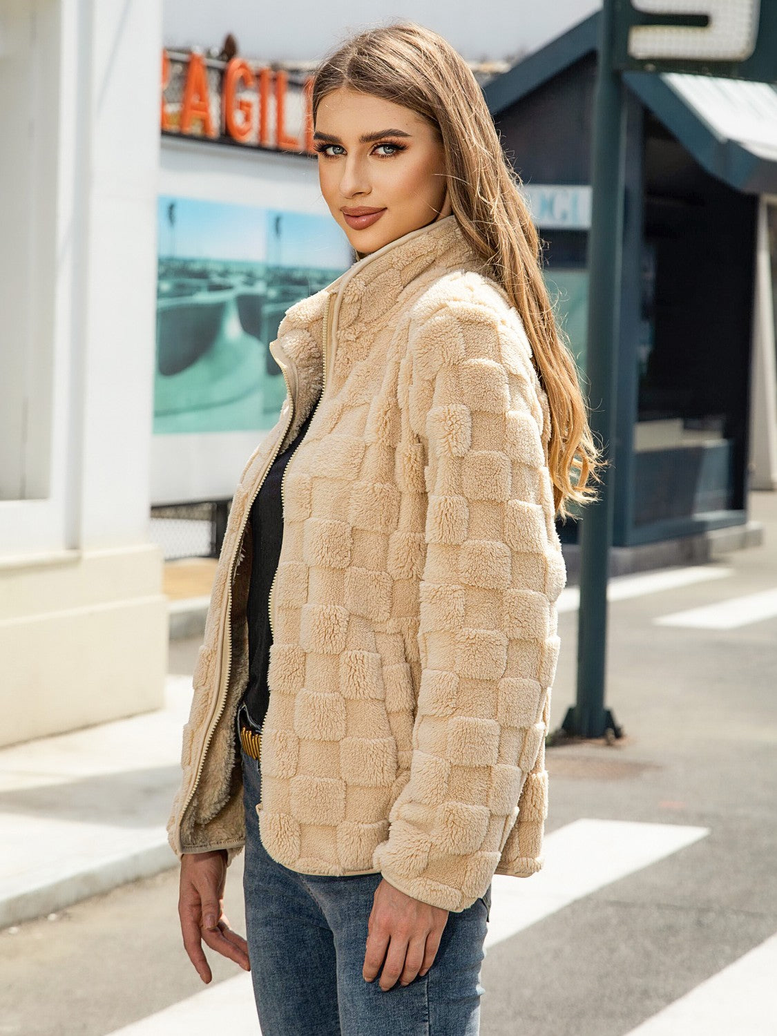Fuzzy Checkered Zip Up Jacket - Chic Yana’s Fashion