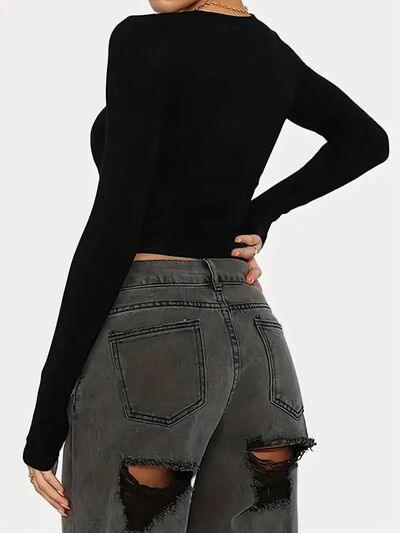 Solid Color Round Neck Long Sleeve T Shirt - Chic Yana's Fashion