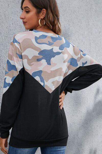 Camouflage Round Neck Long Sleeve Sweatshirt - Chic Yana's Fashion