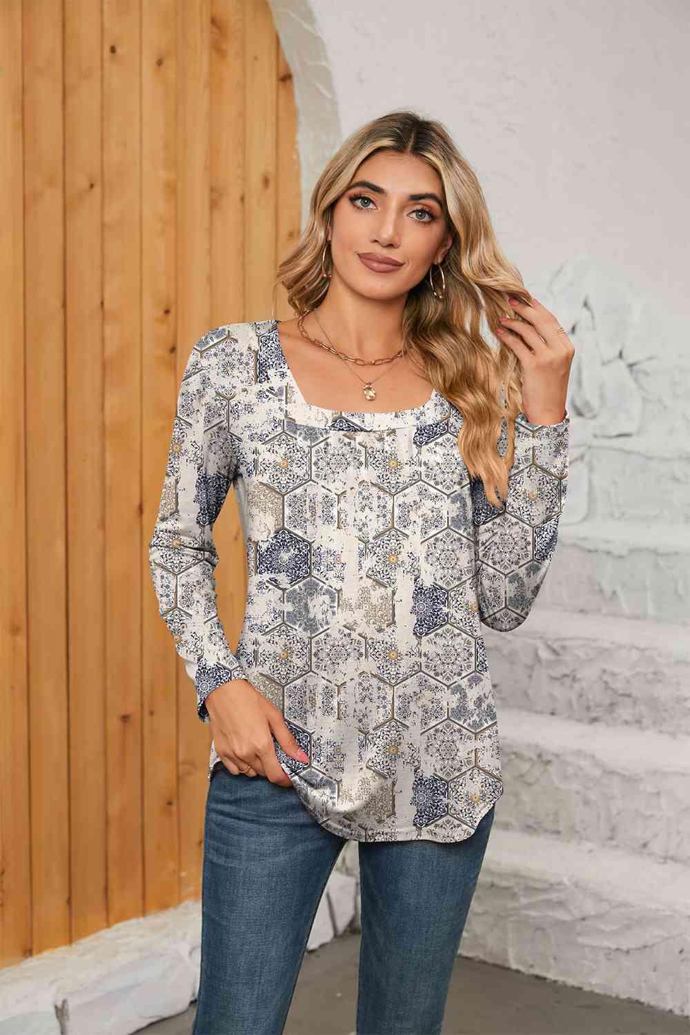 Printed Square Neck Long Sleeve Blouse - Chic Yana's Fashion