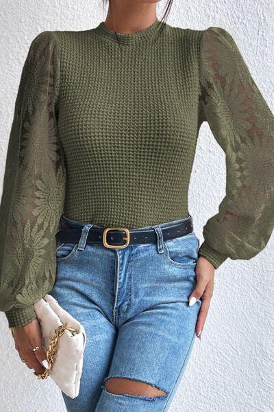 Mock Neck Lace Long Sleeve Top - Chic Yana's Fashion