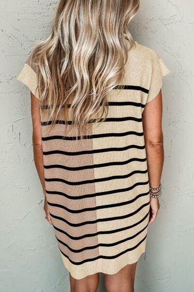 Striped Quarter Zip Cap Sleeve Sweater Dress - Chic Yana's Fashion