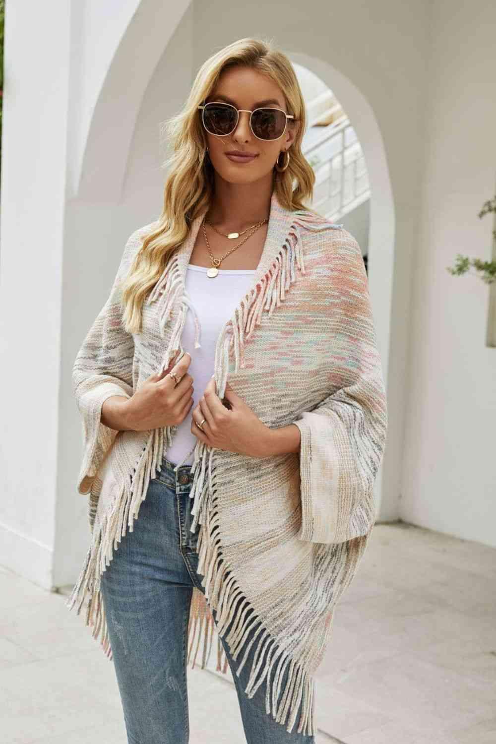 Multicolored Fringe Trim Poncho - Chic Yana's Fashion