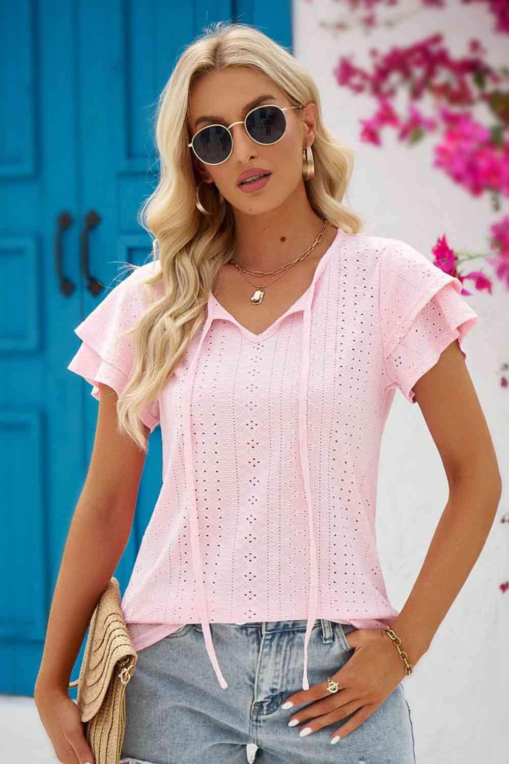 Mandy Eyelet Tie Neck Flutter Sleeve Blouse - Chic Yana's Fashion