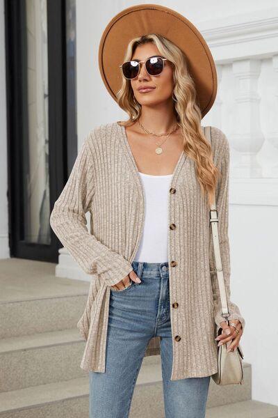 Ribbed Button Up Long Sleeve Cardigan - Chic Yana's Fashion