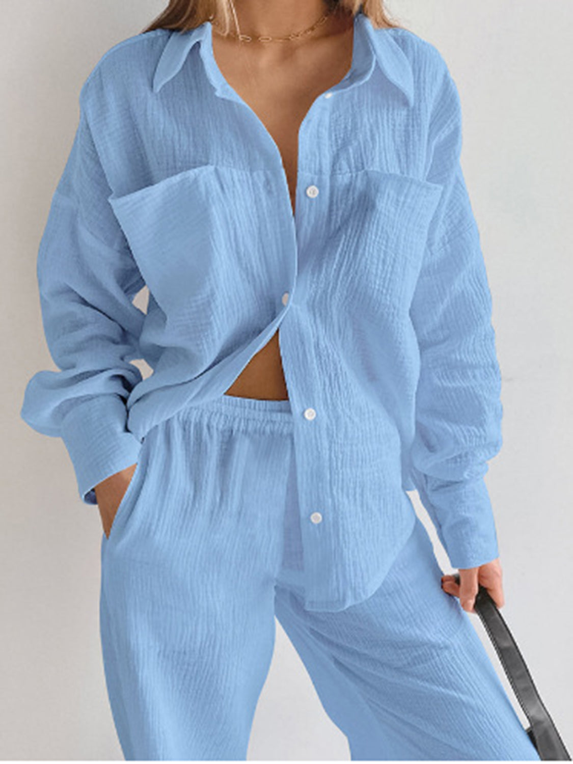 Texture Button Up Long Sleeve Shirt and Pants Set – Chic Yana’s Fashion