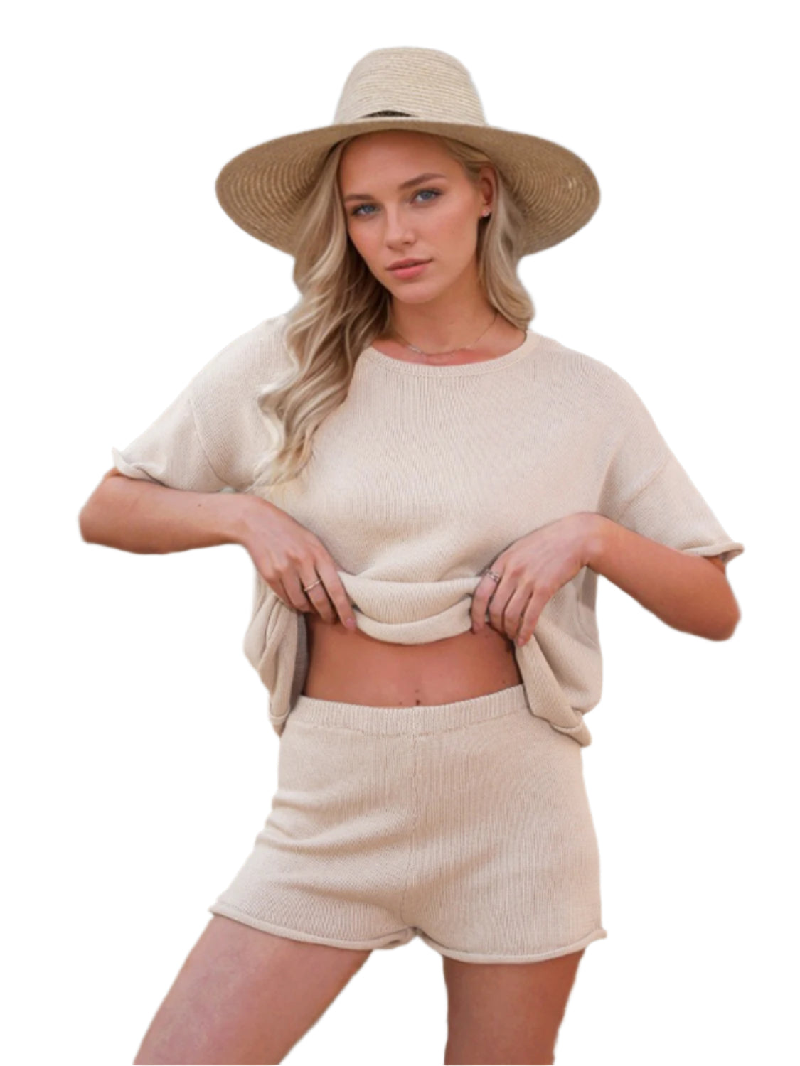 Round Neck Short Sleeve Top and Shorts Sweater Set - Shop Now at Chic Yana's Fashion