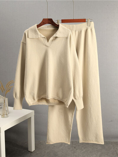 Johnny Collar Long Sleeve Top And Pants Sweater Set - Chic Yana's Fashion