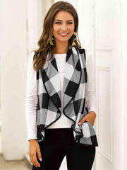 Shiny Plaid Open Front Sleeveless Cardigan - Chic Yana's Fashion