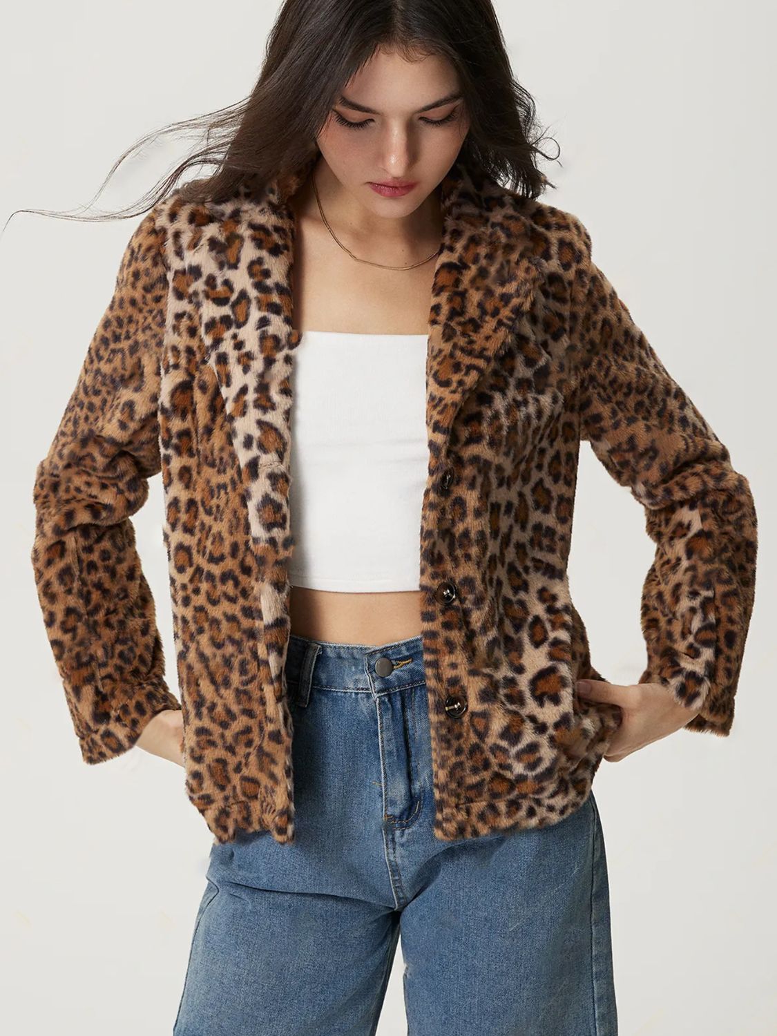 Modern and sleek, the Fuzzy Leopard Collared Neck Jacket enhances any wardrobe effortlessly.