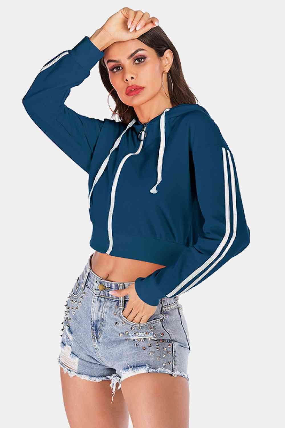 Perfee Side Stripe Drawstring Cropped Hooded Jacket - Chic Yana's Fashion